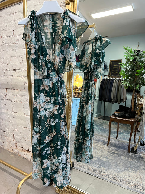 GREEN FLORAL WRAP DRESS