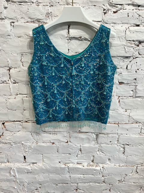 TURQOISE SEQUIN BEADED KNIT TANK TOP