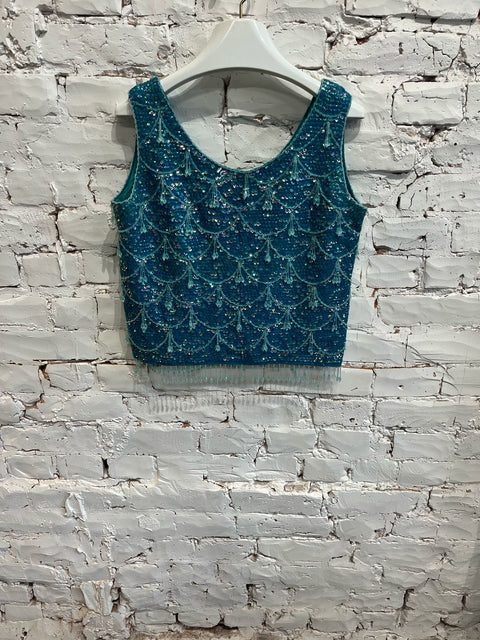 TURQOISE SEQUIN BEADED KNIT TANK TOP