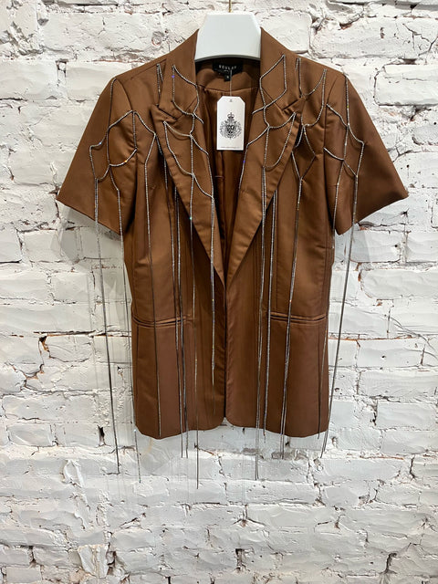 BROWN SHORT SLEEVE BLAZER WITH RHINESTONE